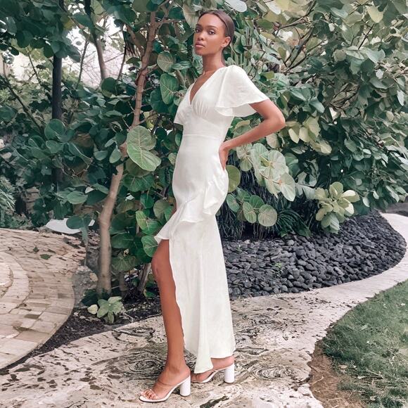 Lulus Eternal Bond White Satin Ruffled Flutter Sleeve Maxi Dress - Picture 3 of 13